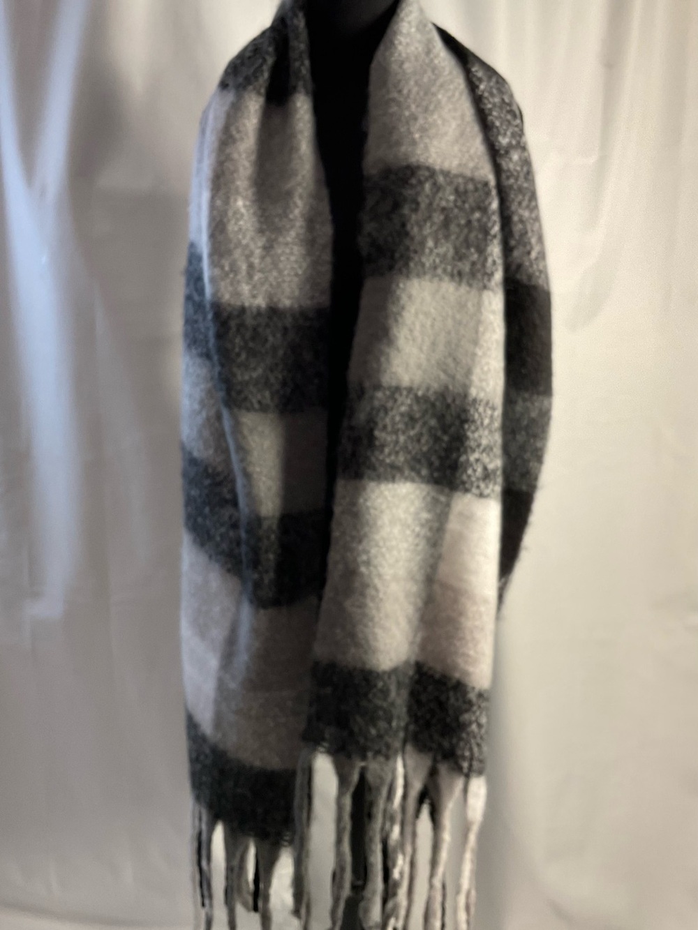 Black and White Plaid Fringe Wrap Scarf - Women Accessories